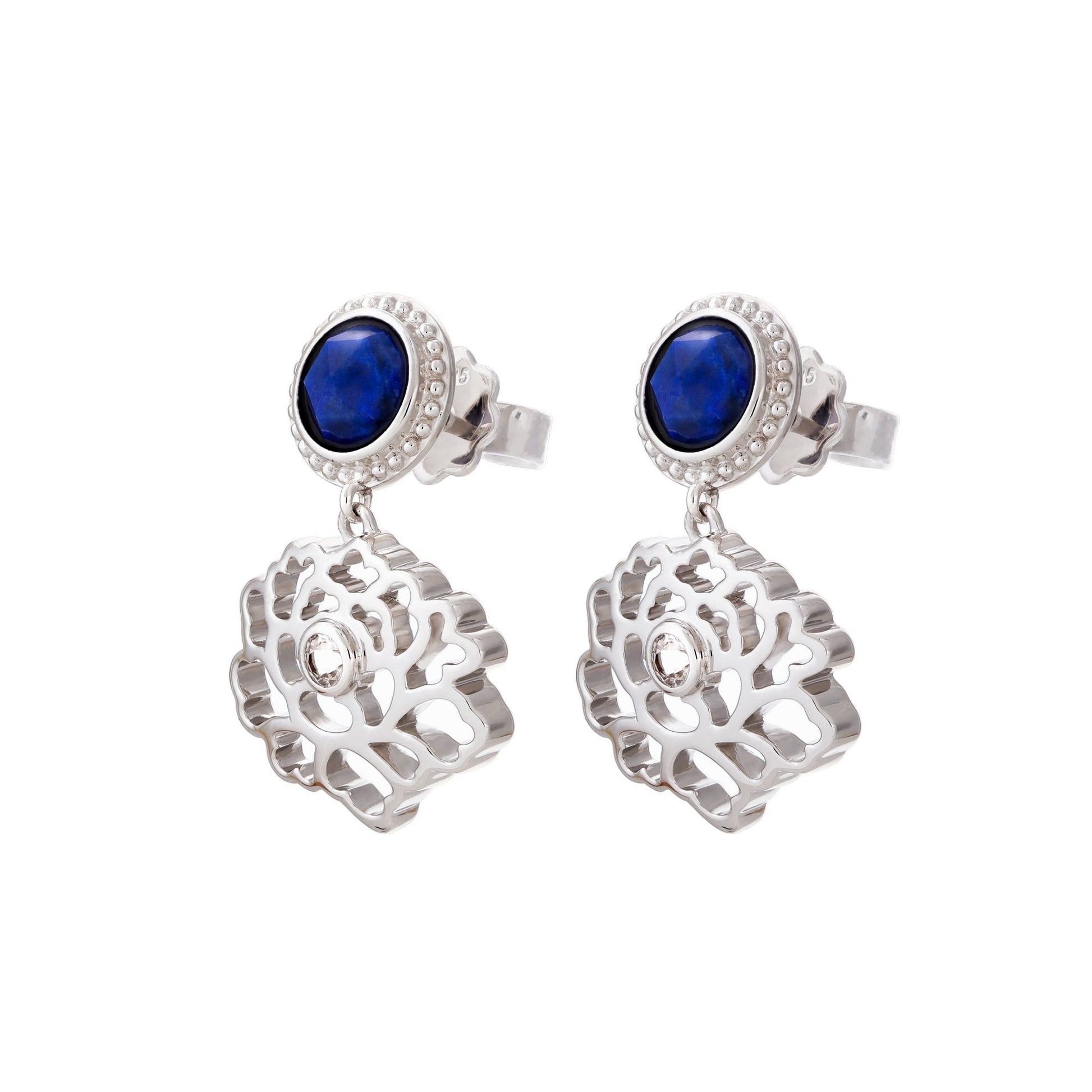 Majestic Tang Peony Earrings Silver with Lapis | Shen Yun Collections